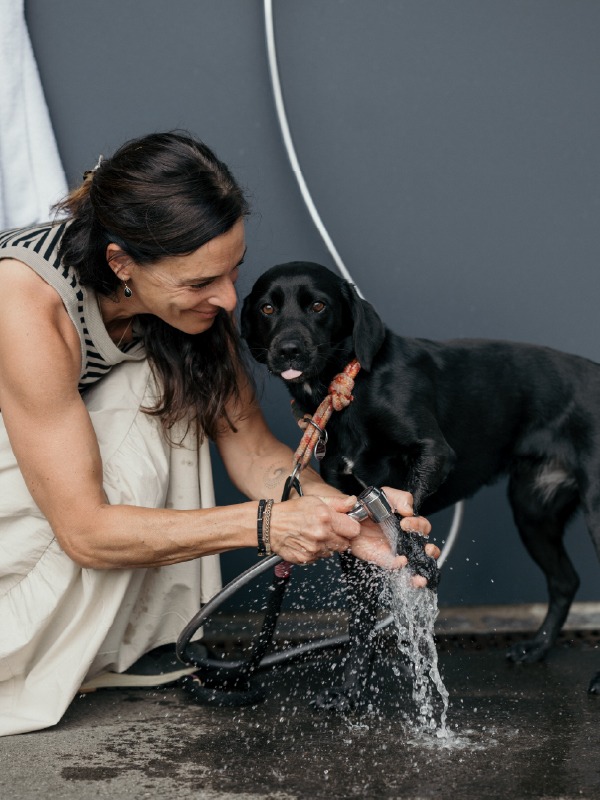 Frau wäscht liebevoll einen schwarzen Hund mit einem Wasserschlauch.